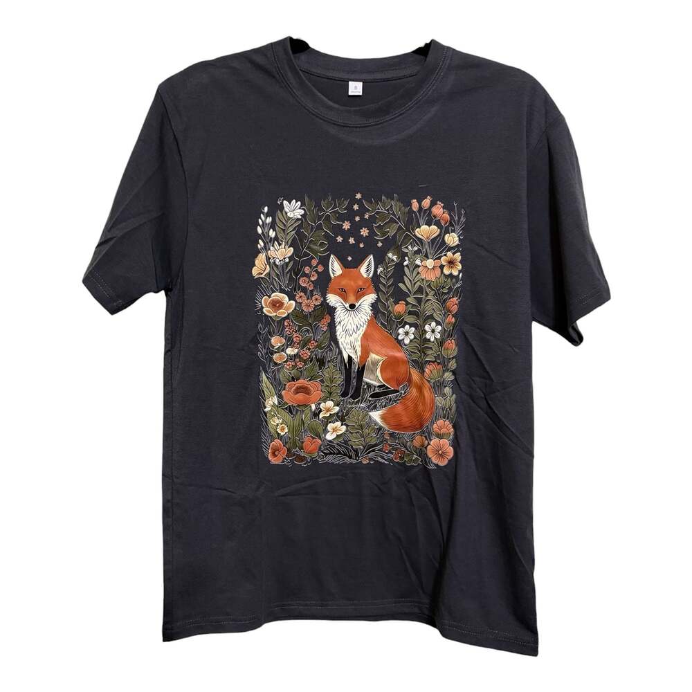 Size Small Fox Sitting In Floral Flower Meadow Custom Graphic Unisex T-Shirt - Picture 2 of 4